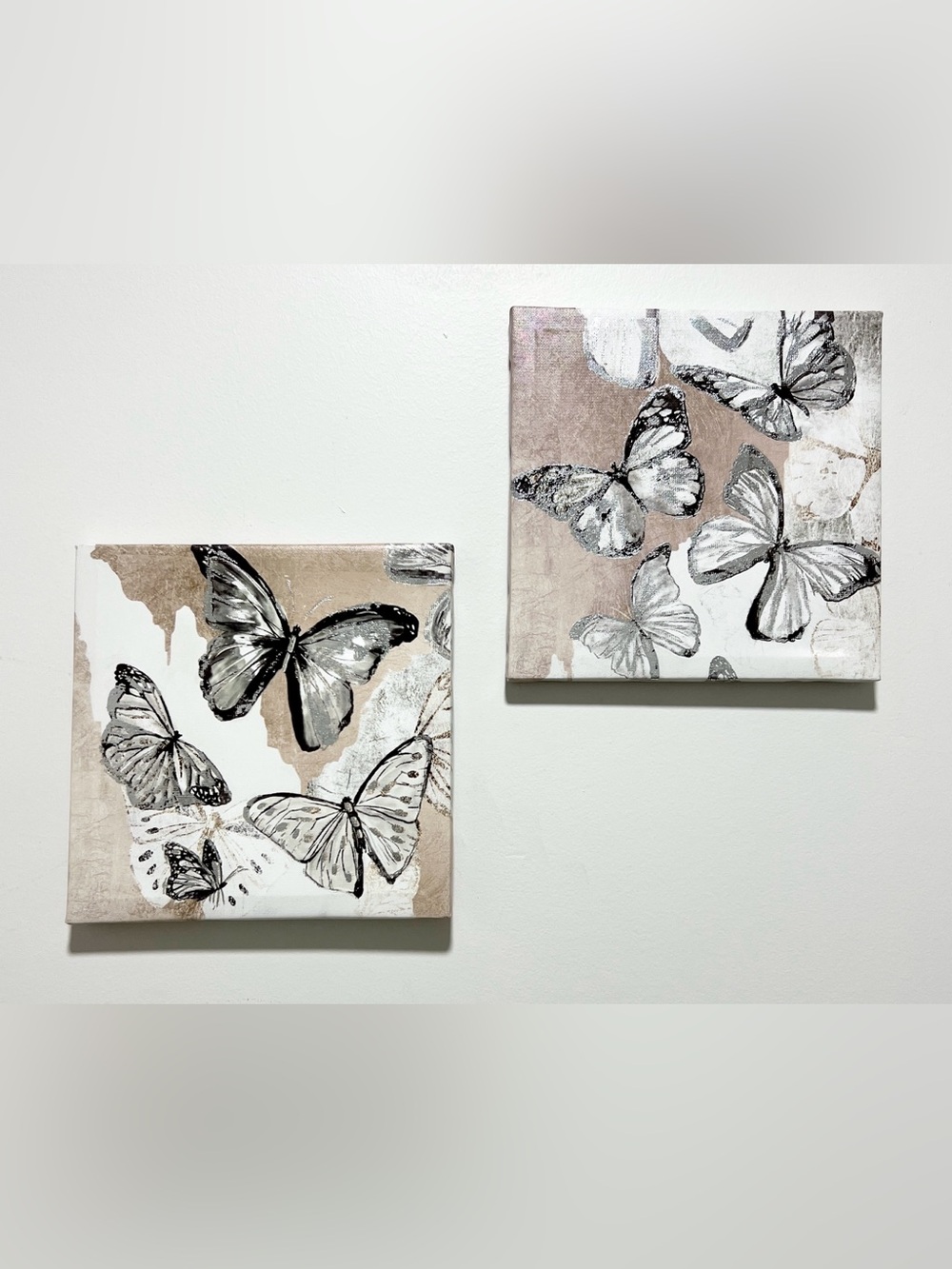 Butterfly Wall Art Set - Beige, Silver and White Canvas Prints